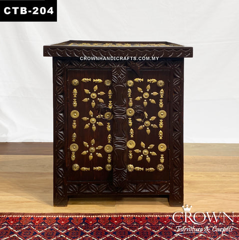 Brass-Accented Side Table with Hidden Storage: Two Cabinet Doors & Rustic Wooden Latch | Elevate Your Room’s Style with Functional Elegance | CTB-204 (L18 W18 H23 Inches)