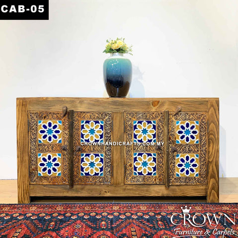 Bohemian Bold Vibrant Signature Color Motifs on Antique Vintage Style Wooden Cabinet Sideboard Credenza | Solid Wood Furniture Store in Malaysia | CAB-05 (L53 W19 H29 Inches)
