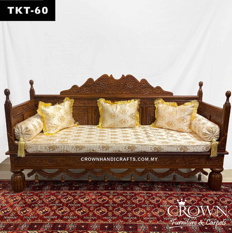 Throne-Design Takht Couch 3 Seater, Solid Wood Hand-Carved Elegance for a Living Room Makeover | Added Comfort with Fabric Cushion, Bolsters and Pillows Wooden Sofa for Living Room | TKT-60 (L72.5 W27 H39 Inches)