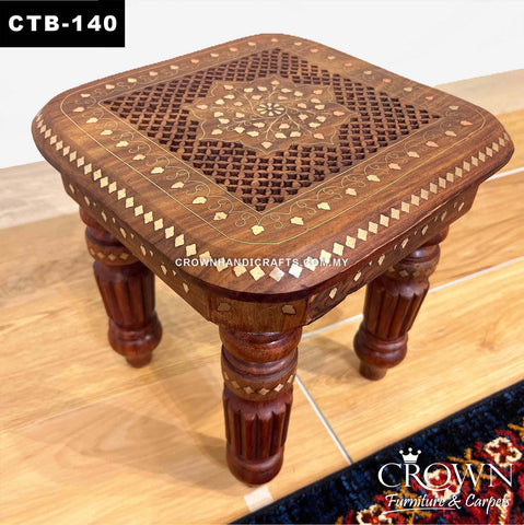 Solid Wood Stool Side Table Kashmiri Indian Craft, Amazing Hand Carving and Brass Inlay | CTB-140 (L12 W12 H12 Inches)