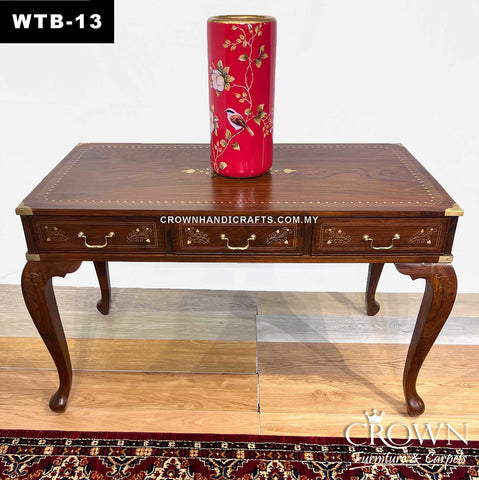 Solid Wood Study Table 4ft, Victorian Inspired Legs along with 3 Drawers | Exquisite Craft of Brass Inlay for Premium Touch | Solid Wood Office Director Table | WTB-13 (L47.5 W23.7 H30.25 Inches)