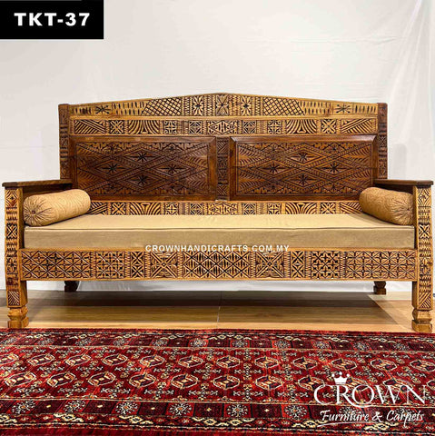 Living Room Charm, 3-Seater Takht Couch with Exquisite Vintage Hand-Carving | Solid Wood Sofa Couch | TKT-37 (L75 W26 H46.5 Inches)