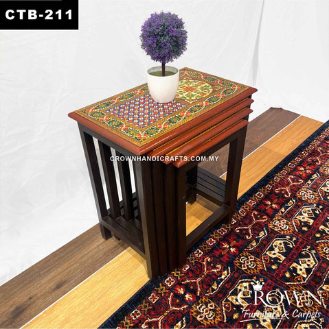 Eclectic Indian Rajasthan Hand Painted Art, Nest of 4 Tables Slot into each other to become individual side table, Perfect for Multiple Usage for your Living Room | CTB-211 (L20.5 W14.5 H21 Inches)