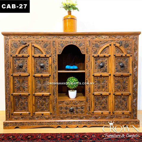 Antique Sideboard Cabinet Wooden Indian Furniture with Antique Metal Accents, Palace Design Doors Vintange Furniture in Malaysia | CAB-27 (L60 W18 H42 Inches)
