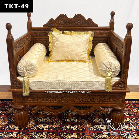 1 Seater Throne-Design Takht Couch, Solid Wood Hand-Carved Elegance for a Living Room Makeover | Added Comfort with Fabric Cushion, Bolsters and Pillows Wooden Sofa for Living Room | TKT-49 (L36 W27 H37 Inches)