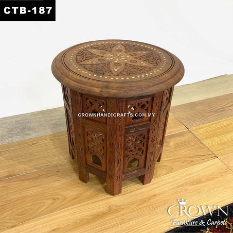 Solid Wood Stool Side Table Kashmiri Indian Craft, Amazing Hand Carving and Brass Inlay | CTB-187 (L15 W15 H15 Inches)