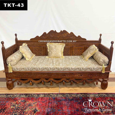Throne-Design Takht Couch 3 Seater, Solid Wood Hand-Carved Elegance for a Living Room Makeover | Added Comfort with Fabric Cushion, Bolsters and Pillows | Wooden Sofa for Living Room | TKT-43 (L72 W27 H40 Inches)