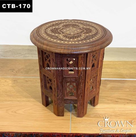 Solid Wood Stool Side Table Kashmiri Indian Craft, Amazing Hand Carving and Brass Inlay | CTB-170 (D12 H12.5 Inches)