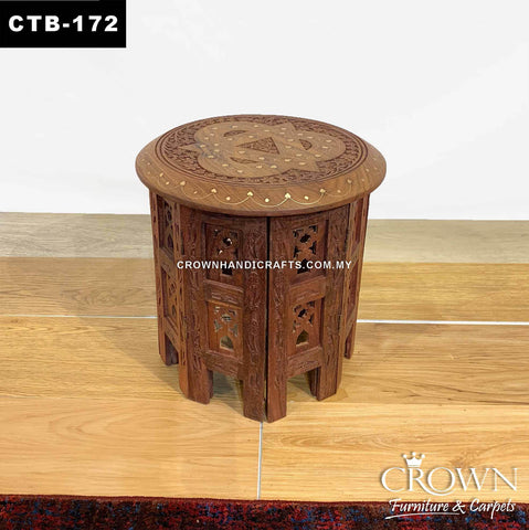 Solid Wood Stool Side Table Kashmiri Indian Craft-Amazing Hand Carving and Brass Inlay | CTB-172 (D12 H12.5 Inches)