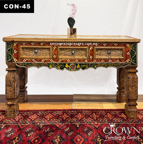 Artisan Thar Hand-Painted Antique Furniture – Bold Elegance for Malaysian Homes | Solid Wood Entryway & Living Room Masterpiece | CON-45 (L48 W16 H30 Inches)