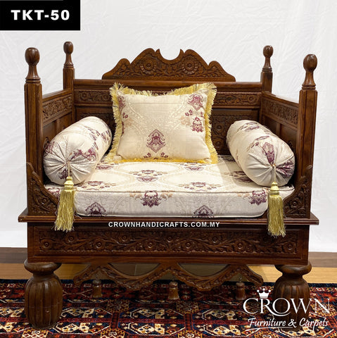 Hand-Carved Solid Wood Throne Sofa: Elegant Single-Seater Takht for Living Room Makeovers | Plush Fabric Cushions & Pillows for Added Comfort | TKT-50 (L36 W27 H37 Inches)