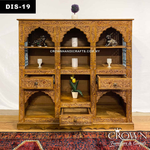 Monarch Dynasty Palace Style Display Cabinet to add an oomph in your Living Room | Blue Metal Jali on sides evokes Timeless Charm | Decor home with Tasteful Furniture by Crown | DIS-19 (L61 W13.3 H60 Inches)