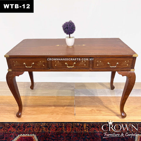 Solid Wood Study Table 4ft, Victorian Inspired Legs along with 3 Drawers | Exquisite Craft of Brass Inlay for Premium Touch | Office Table in Solid Wood | WTB-12 (L47.5 W23.7 H30.25 Inches)