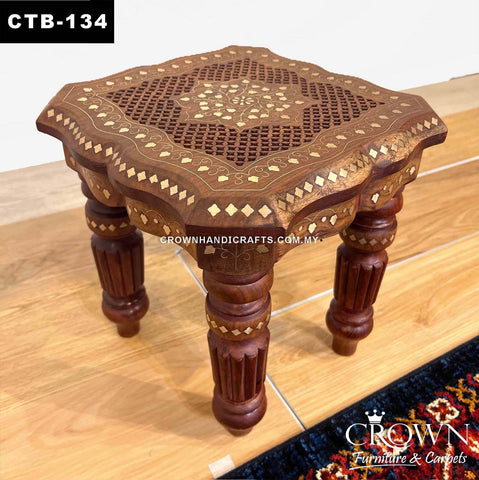 Solid Wood Stool Side Table Kashmiri Indian Craft, Amazing Hand Carving and Brass Inlay | CTB-134 (L12 W12 H12 Inches)