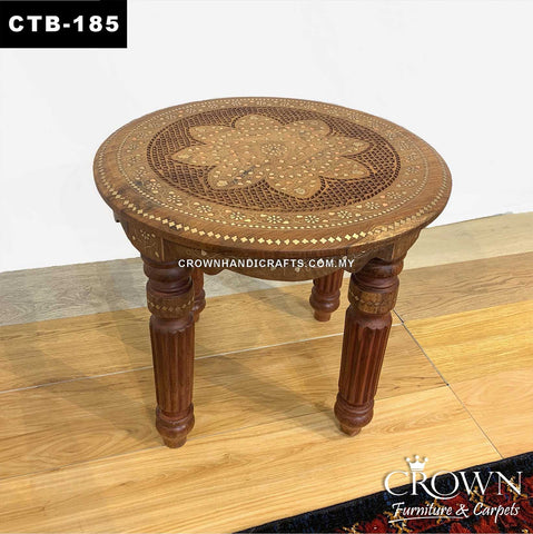 Solid Wood Stool Side Table Kashmiri Indian Craft, Amazing Hand Carving and Brass Inlay | CTB-185 (L20.5 W20.5 H18.5 Inches)
