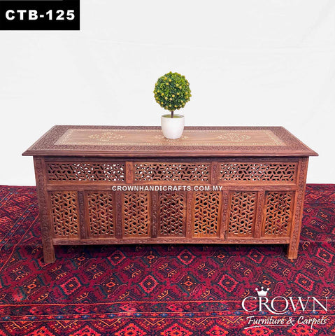 Kashmiri Indian Coffee Table with Artistic Brass inlay and Hand Carving, Solid Wood Coffee Table | CTB-125 (L42 W18 H18 Inches)