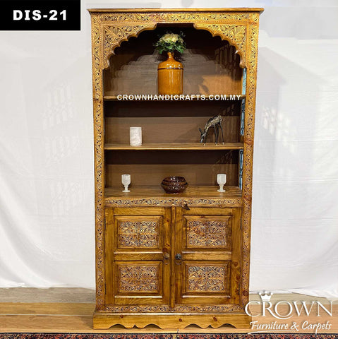 Vintage Style Wood Display Shelf Cabinet with 2 Doors | Accent with Hand Carving and Blue Metal Jali adding a touch of Timeless and Modern sophistication | DIS-21 (L43.5 W18.5 H84 Inches)
