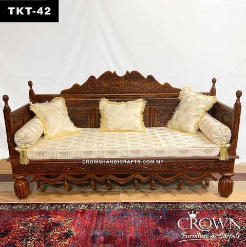 Throne-Design Takht Couch 3 Seater, Solid Wood Hand-Carved Elegance for a Living Room Makeover | Added Comfort with Fabric Cushion, Bolsters and Pillows | Wooden Sofa for Living Room | TKT-42 (L72 W27 H40 Inches)