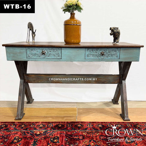 Exclusive Study Table Distressed Teal Blue with Scissor Legs| Solid Wood Premium Office Table | WTB-16 (L48 W22 H29.8 Inches)