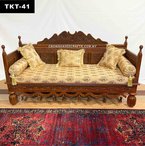 Throne-Design Takht Couch 3 Seater, Solid Wood Hand-Carved Elegance for a Living Room Makeover | Added Comfort with Fabric Cushion, Bolsters and Pillows | Wooden Sofa for Living Room | TKT-41 (L72 W27 H40 Inches)