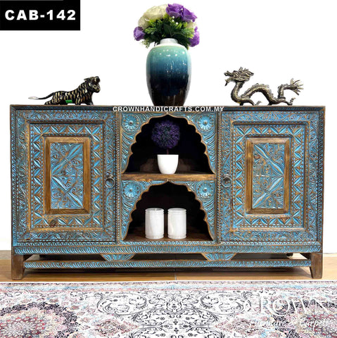 Vintage Teal Blue Display Cabinet Hand Carved Accent Furnitue Shop in Malaysia | CAB-142 (L53.9 W16 H30 Inches)