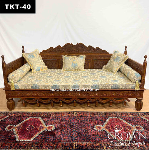 Majestic Day Bed Takht Throne Style,  Solid Wood Exquisite Hand-Carving for Your Living Space | Added Comfort with Fabric Cushion, Bolsters and Pillows | Timeless Wooden Day Bed Furniture | TKT-40 (L85 W39 H39.5 Inches)