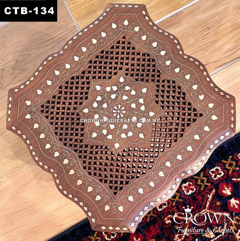 Solid Wood Stool Side Table Kashmiri Indian Craft, Amazing Hand Carving and Brass Inlay | CTB-134 (L12 W12 H12 Inches)