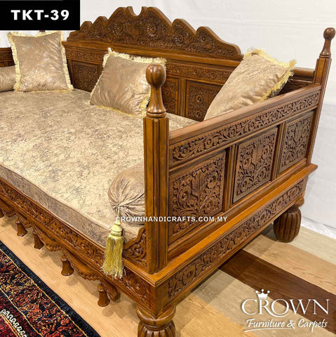 Majestic Day Bed Takht Throne Style,  Solid Wood Exquisite Hand-Carving for Your Living Space | Added Comfort with Fabric Cushion, Bolsters and Pillows | Timeless Wooden Day Bed Furniture | TKT-39 (L85 W39 H39.5 Inches)