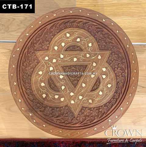 Solid Wood Stool Side Table Kashmiri Indian Craft, Amazing Hand Carving and Brass Inlay | CTB-171 (D12 H12.5 Inches)