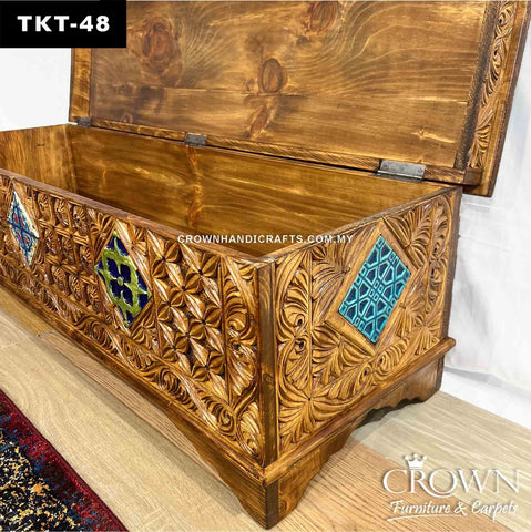 Ottoman Bench with Lift-up Storage Space, Tasteful Intricate Hand-Carving along with a Touch of Vibrant Hand-Painting to Enhance the Living Space | Aesthetic Wooden Furniture | TKT-48 (L48 W16 H17 Inches)