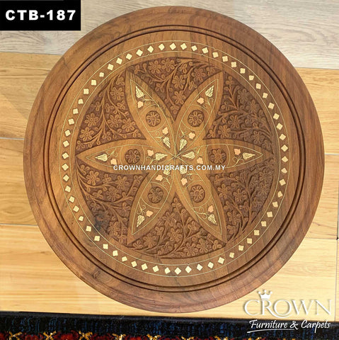 Solid Wood Stool Side Table Kashmiri Indian Craft, Amazing Hand Carving and Brass Inlay | CTB-187 (L15 W15 H15 Inches)