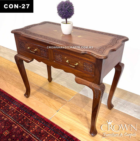 English Victorian Style Entrance Console Table and Bedroom Dressing Table, Solid Wood Table Featured with Hand-carving and Brass Inlay | CON-27 (L36 W18 H30 Inches)