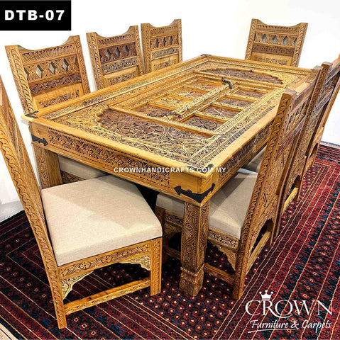 Antique Indian Haveli Palace Door Style Dining Table, Featured with Hand Carving and Metal Latch Accent | Timeless Impression by Crown | Solid Wood Dining Table accommodates 6 to 8 chairs | DTB-07 (L84.2 W45.5 H29.5 Inches)