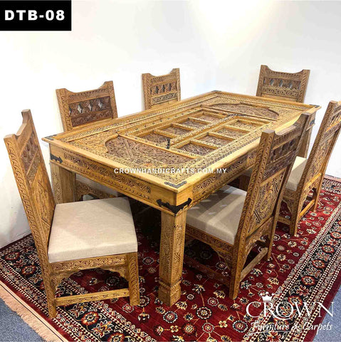 Antique Indian Haveli Palace Door Style Dining Table, Featured with Hand Carving and Metal Latch Accent | Elegant Furniture by Crown | Solid Wood Dining Table accommodates 6 to 8 chairs| DTB-08 (L84.8 W45.2 H32.8 Inches)