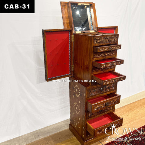 Ladies Vanity Chest Jewelry Chest with Secret Hidden Lock | Eclectic Style with Brass Accent |Elegant Wooden Furniture Shop in Malaysia | CAB-31 (L20 W17 H36 Inches)