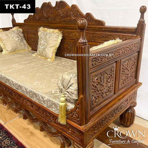 Throne-Design Takht Couch 3 Seater, Solid Wood Hand-Carved Elegance for a Living Room Makeover | Added Comfort with Fabric Cushion, Bolsters and Pillows | Wooden Sofa for Living Room | TKT-43 (L72 W27 H40 Inches)