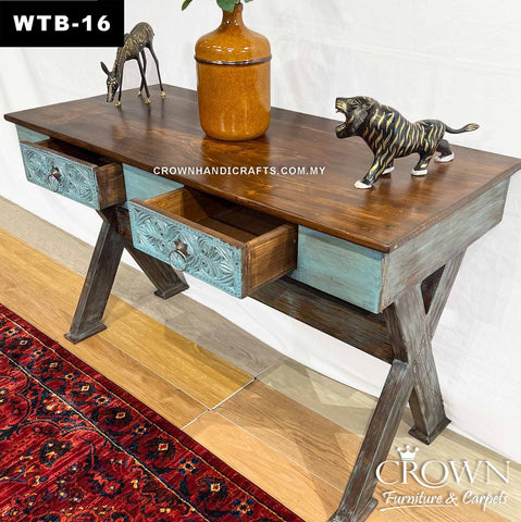 Exclusive Study Table Distressed Teal Blue with Scissor Legs| Solid Wood Premium Office Table | WTB-16 (L48 W22 H29.8 Inches)
