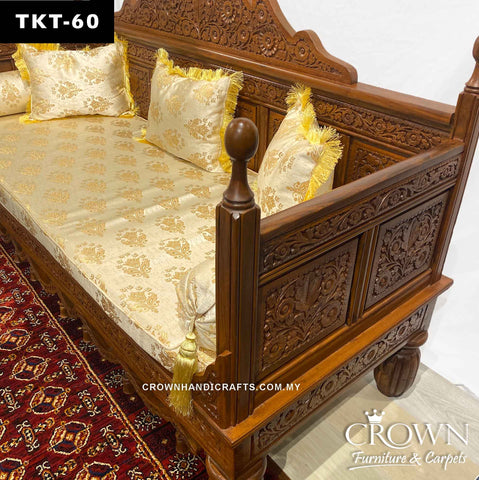 Throne-Design Takht Couch 3 Seater, Solid Wood Hand-Carved Elegance for a Living Room Makeover | Added Comfort with Fabric Cushion, Bolsters and Pillows Wooden Sofa for Living Room | TKT-60 (L72.5 W27 H39 Inches)