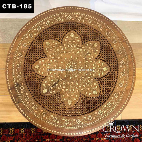 Solid Wood Stool Side Table Kashmiri Indian Craft, Amazing Hand Carving and Brass Inlay | CTB-185 (L20.5 W20.5 H18.5 Inches)