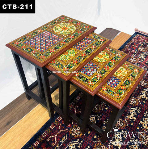 Eclectic Indian Rajasthan Hand Painted Art, Nest of 4 Tables Slot into each other to become individual side table, Perfect for Multiple Usage for your Living Room | CTB-211 (L20.5 W14.5 H21 Inches)