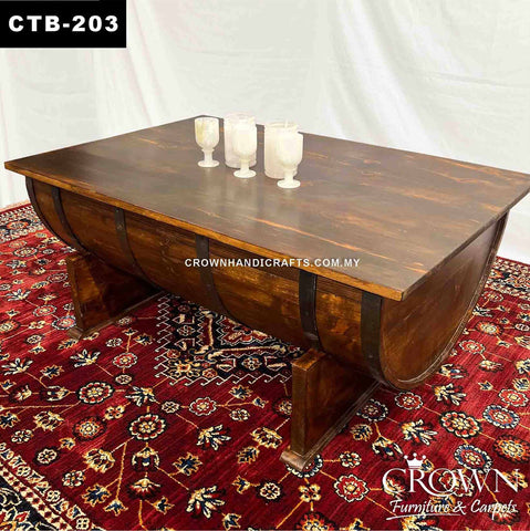 Barrel Style Coffee Table to give your Living Room an Unique Impression, Solid Wood Coffee Table with Metal Accent | CTB-203 (L48 W32 H20 Inches)