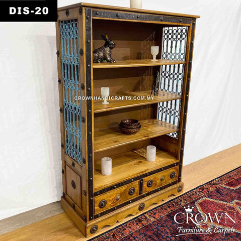 Elegant Solid Wood Display Shelf Cabinet for Living Room | Featured with Metal Ornament and Blue Metal Jali for Timeless and Modern Charm | DIS-20 (L43 W18.5 H66 Inches)