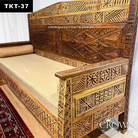 Living Room Charm, 3-Seater Takht Couch with Exquisite Vintage Hand-Carving | Solid Wood Sofa Couch | TKT-37 (L75 W26 H46.5 Inches)
