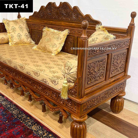 Throne-Design Takht Couch 3 Seater, Solid Wood Hand-Carved Elegance for a Living Room Makeover | Added Comfort with Fabric Cushion, Bolsters and Pillows | Wooden Sofa for Living Room | TKT-41 (L72 W27 H40 Inches)