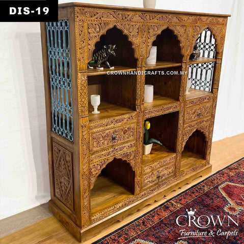 Monarch Dynasty Palace Style Display Cabinet to add an oomph in your Living Room | Blue Metal Jali on sides evokes Timeless Charm | Decor home with Tasteful Furniture by Crown | DIS-19 (L61 W13.3 H60 Inches)