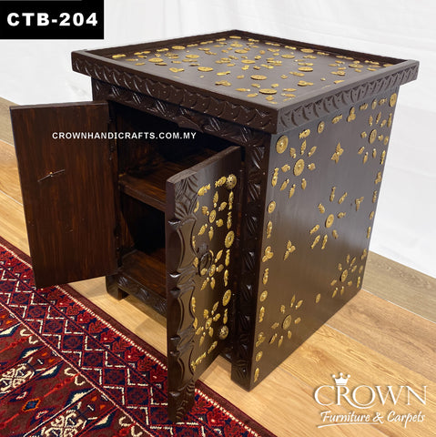 Brass-Accented Side Table with Hidden Storage: Two Cabinet Doors & Rustic Wooden Latch | Elevate Your Room’s Style with Functional Elegance | CTB-204 (L18 W18 H23 Inches)