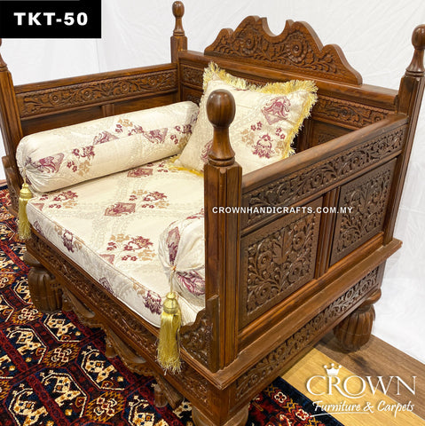 Hand-Carved Solid Wood Throne Sofa: Elegant Single-Seater Takht for Living Room Makeovers | Plush Fabric Cushions & Pillows for Added Comfort | TKT-50 (L36 W27 H37 Inches)