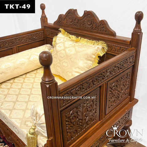 1 Seater Throne-Design Takht Couch, Solid Wood Hand-Carved Elegance for a Living Room Makeover | Added Comfort with Fabric Cushion, Bolsters and Pillows Wooden Sofa for Living Room | TKT-49 (L36 W27 H37 Inches)
