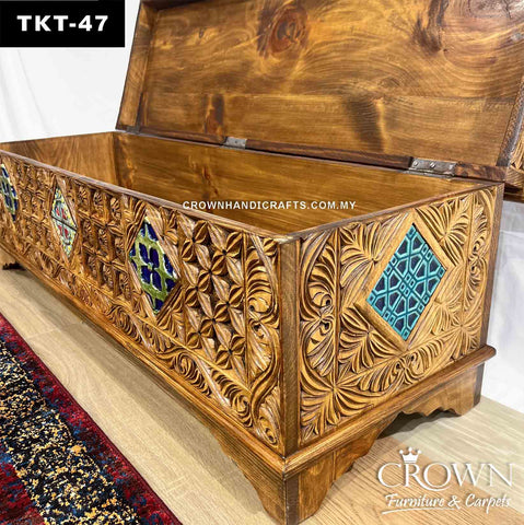 Ottoman Bench with Lift-up Storage Space, Tasteful Intricate Hand-Carving along with a Touch of Vibrant Hand-Painting to Enhance the Living Space | Aesthetic Wooden Furniture | TKT-47 (L48 W16 H17 Inches)