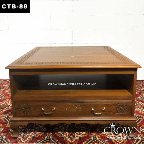 Square Coffee Table Double Top along with Drawer openable both sides, Ecletic Style Hand Carving and Brass Inlay, Solid Wood Coffee Table | CTB-88 (L36 W36 H22 Inches)